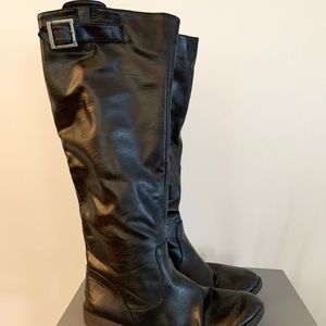 Black Faux Leather Tall Boots with Buckle Design